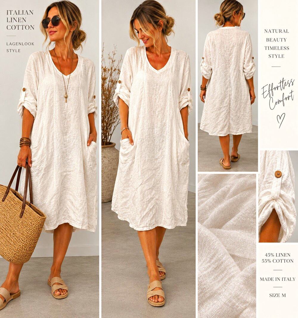 Italian Made Linen Cotton Lagenlook Dress Tunic Boho Minimalist White Size M